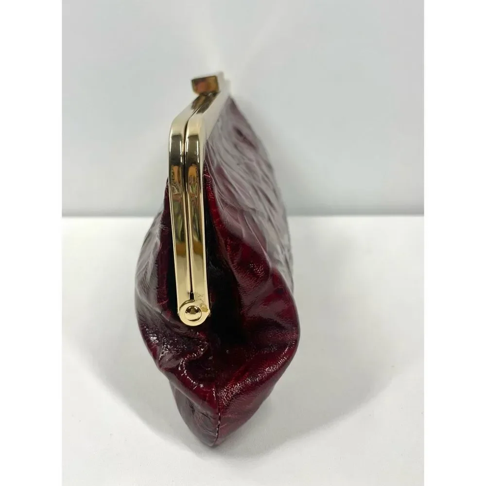 Vintage HOBO International Crinkle Dark Red Glaze Leather Clutch Gold Clasp RARE